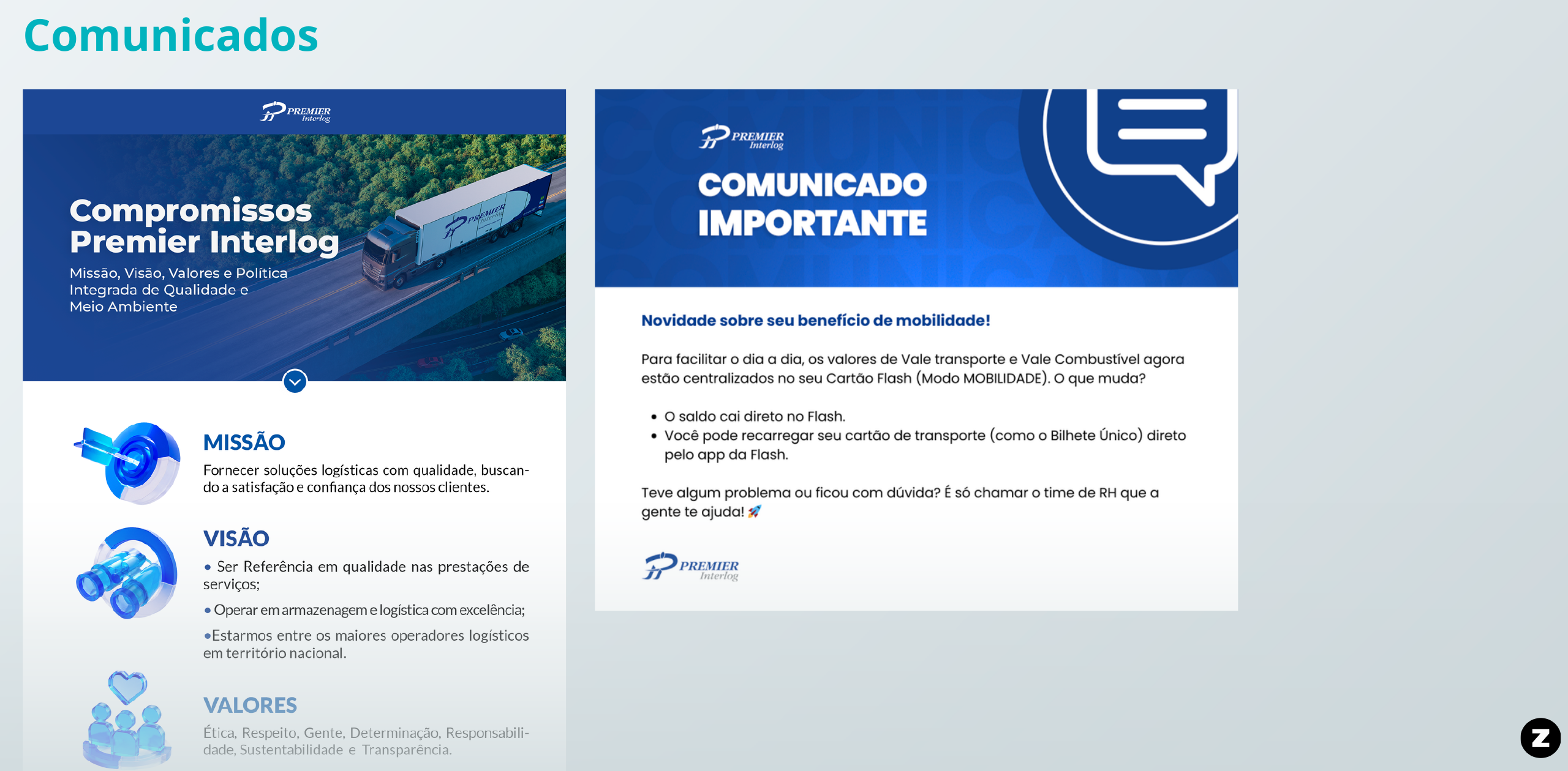 Exemplos de comunicação interna sobre cultura, valores e benefícios para a Premier Interlog