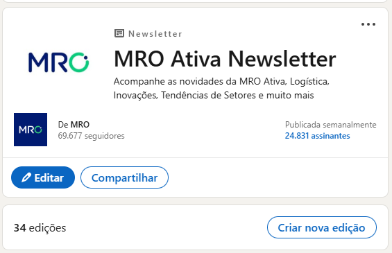 Página da MRO Ativa Newsletter no LinkedIn mostrando mais de 24 mil assinantes e 34 edições