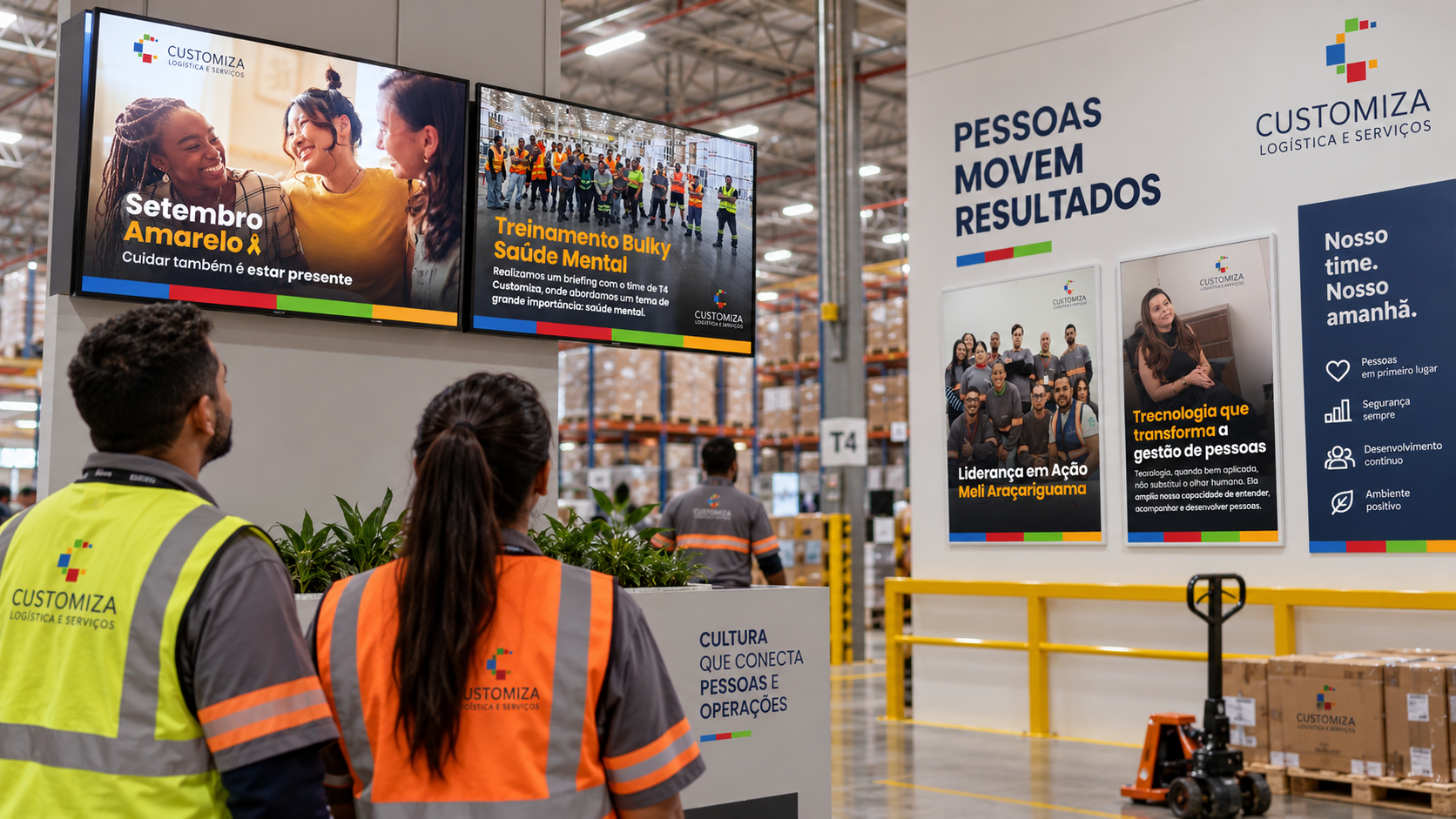 Aplicações de endomarketing da Customiza em murais e telas dentro de uma operação logística