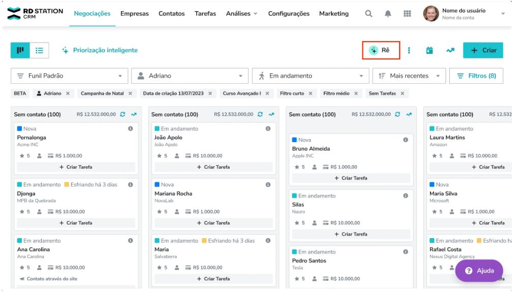 Tela do RD Station CRM com funil de negociações e oportunidades comerciais