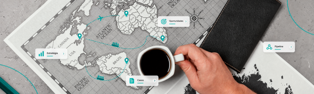 Mapa-múndi com elementos visuais de estratégia, oportunidades, casos e pipeline, representando marketing B2B para Freight Forwarders