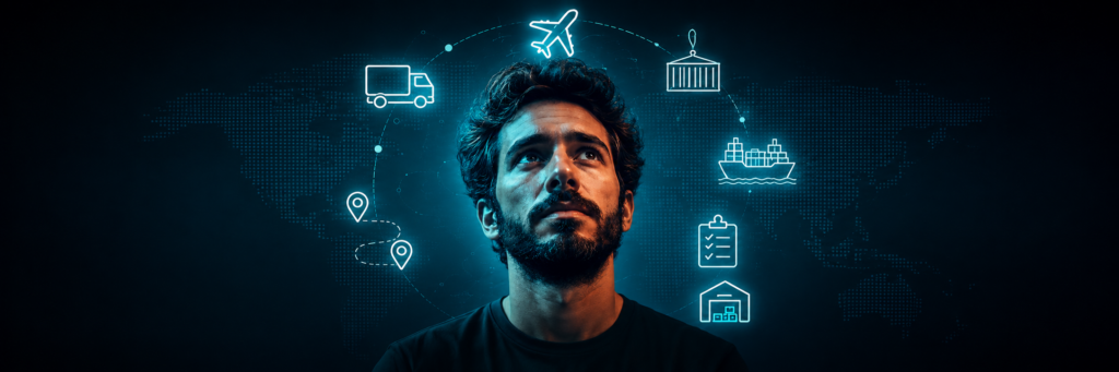 Profissional de marketing analisando estratégia para empresa de logística