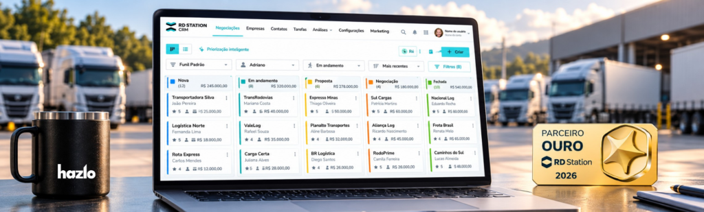 Notebook com tela de CRM, selo Parceiro Ouro RD Station 2026 e logo da Hazlo em pátio de transportadora