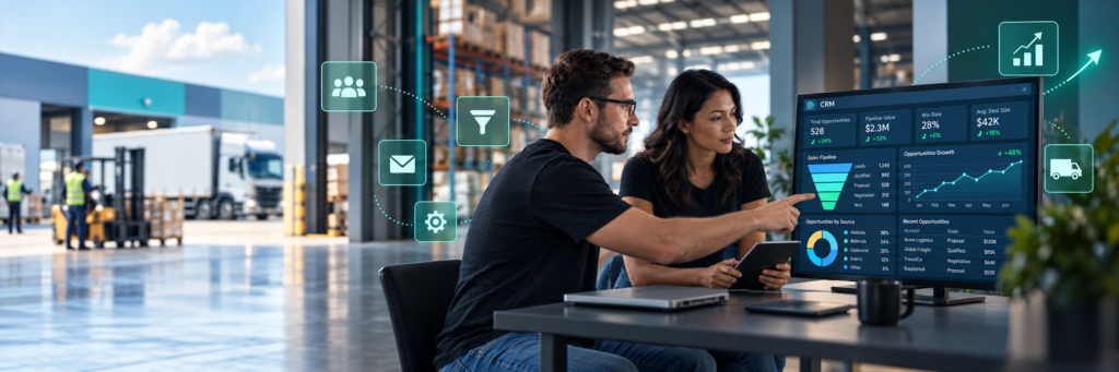 Profissionais analisando dashboard de CRM com pipeline e crescimento de oportunidades em operação logística.
