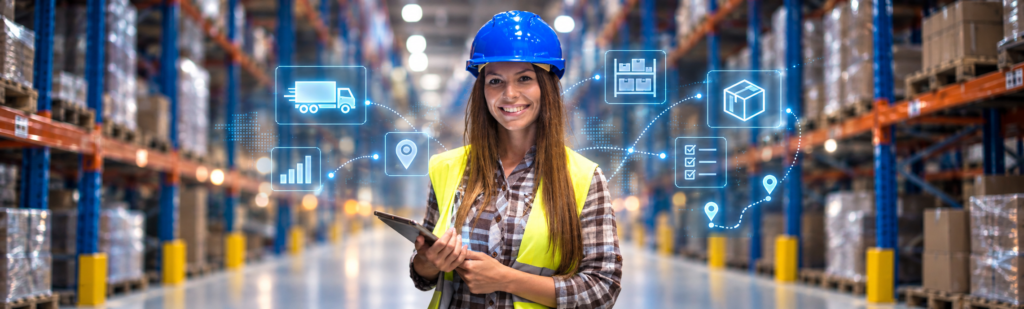 Profissional em centro de distribuição com tablet e elementos digitais representando marketing para operadores logísticos e geração de oportunidades B2B